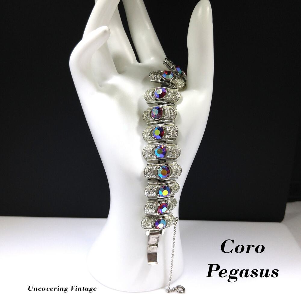 Coro Pegasus Red Aurora Borealis Rhinestone Bracelet, Rhodium Plated, 1950s